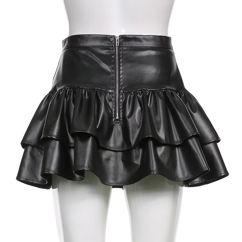 Black Lace-up Gothic Bandage PU Pleated Skirt