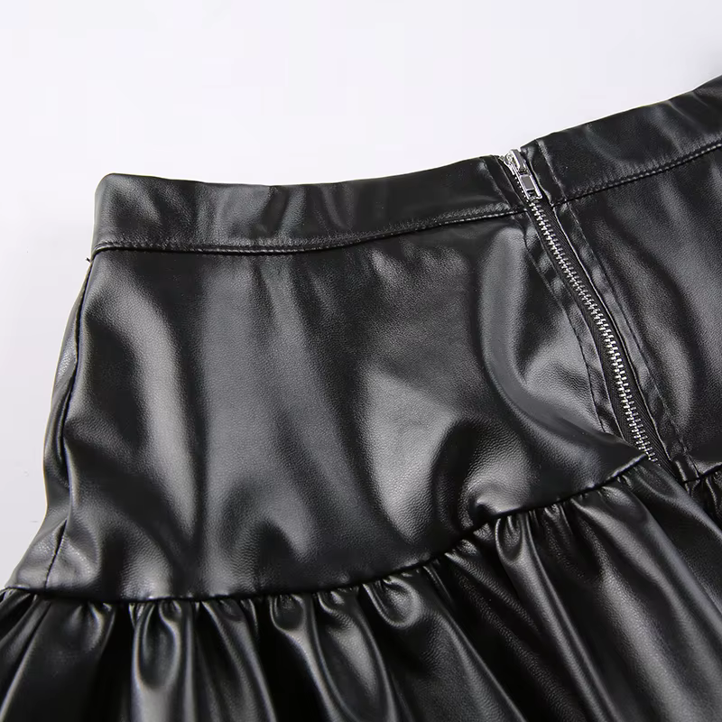 Black Lace-up Gothic Bandage PU Pleated Skirt