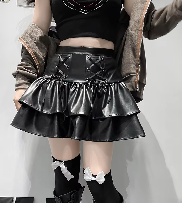 Black Lace-up Gothic Bandage PU Pleated Skirt