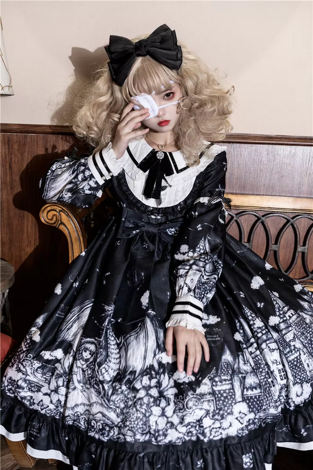 Gothic Lolita Peter Pan Collar Cute Bow Ruffled Dress