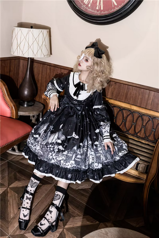 Gothic Lolita Peter Pan Collar Cute Bow Ruffled Dress