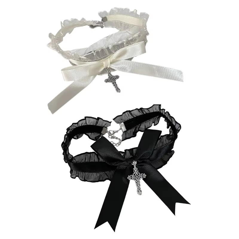 Ruffle Lace Gothic Cross Pendant Necklace