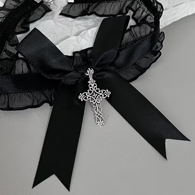Ruffle Lace Gothic Cross Pendant Necklace