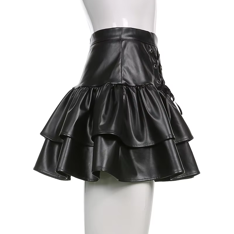 Black Lace-up Gothic Bandage PU Pleated Skirt