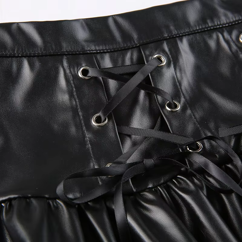Black Lace-up Gothic Bandage PU Pleated Skirt
