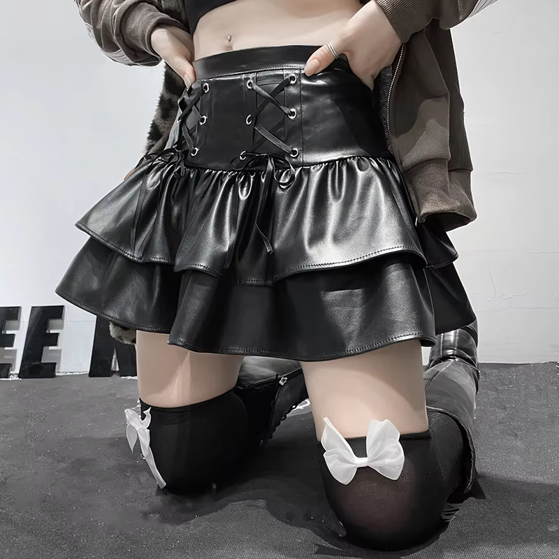 Black Lace-up Gothic Bandage PU Pleated Skirt