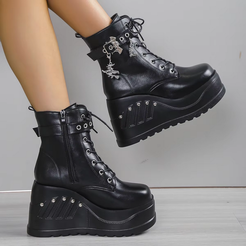 Black Gothic Punk Lace up Wedge Boots