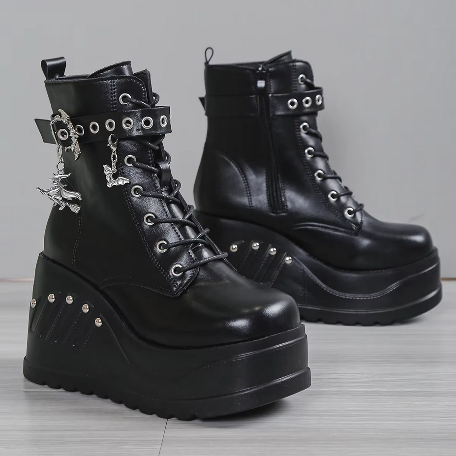 Black Gothic Punk Lace up Wedge Boots