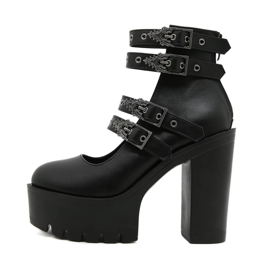 Black Buckle Strap Goth Style Women Block Heels Shoes