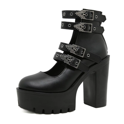 Black Buckle Strap Goth Style Women Block Heels Shoes