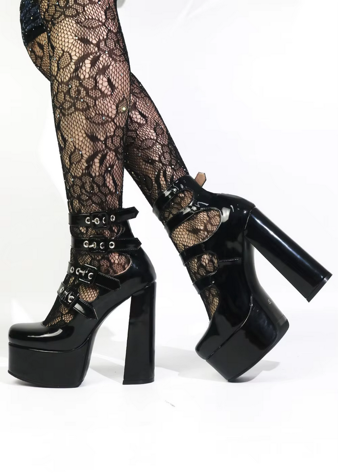 Buckle Patent Leather Chunky Heels Platform Shoes