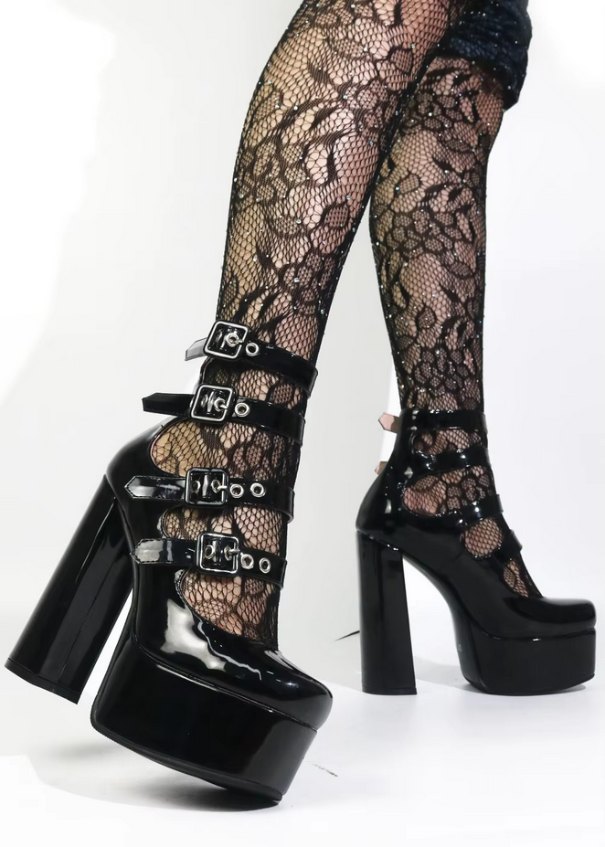 Buckle Patent Leather Chunky Heels Platform Shoes