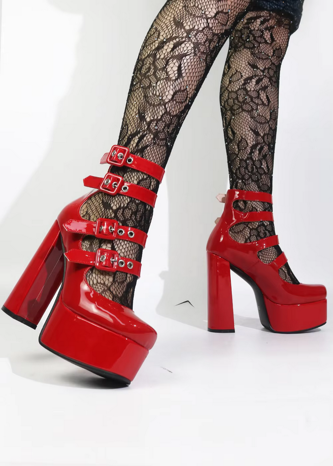 Buckle Patent Leather Chunky Heels Platform Shoes