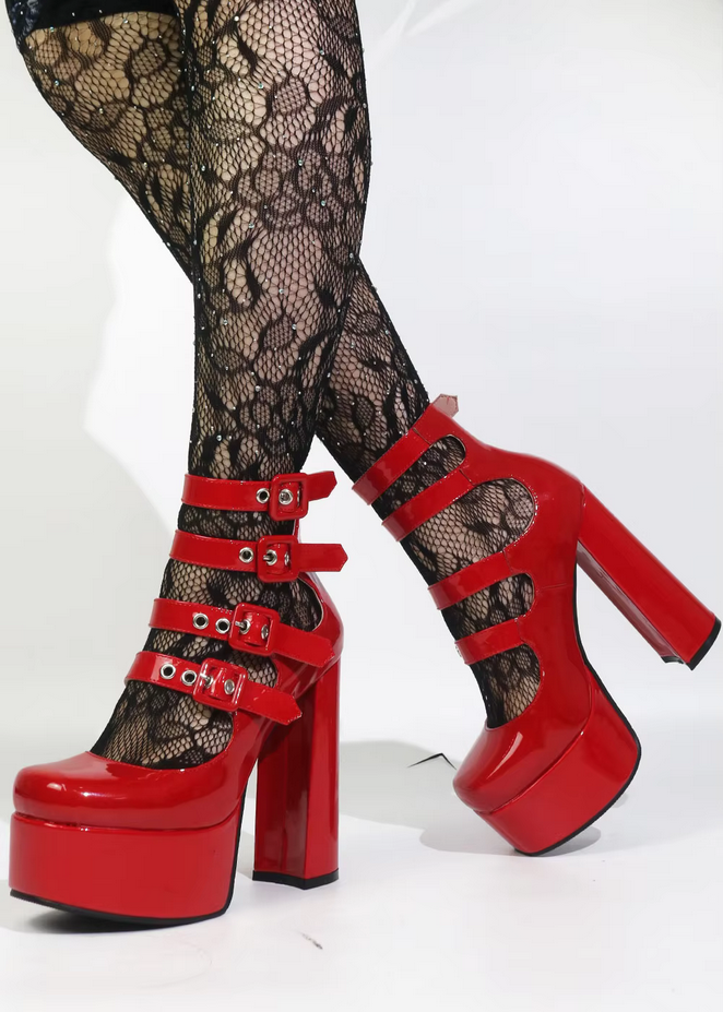 Buckle Patent Leather Chunky Heels Platform Shoes