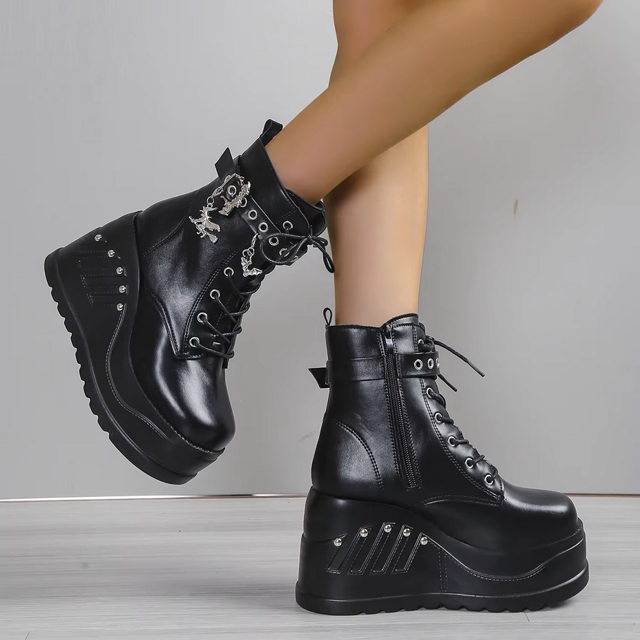 Black Gothic Punk Lace up Wedge Boots