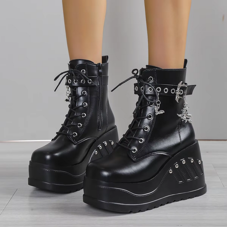 Black Gothic Punk Lace up Wedge Boots