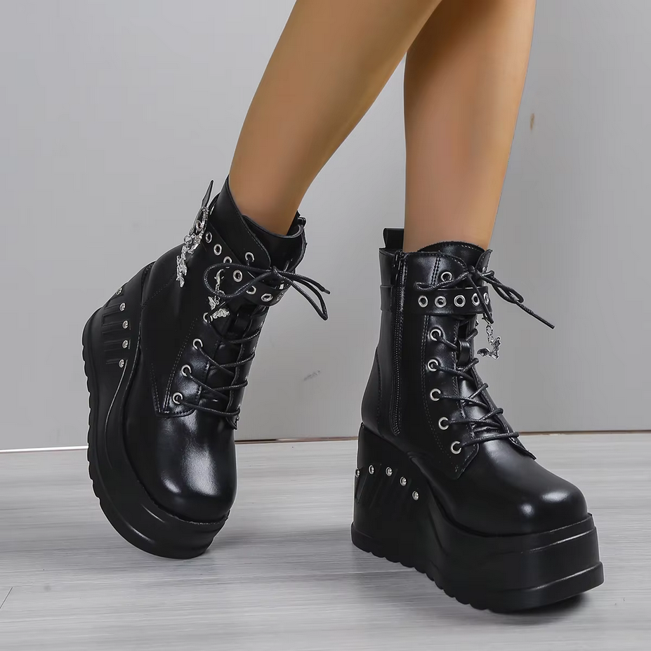Black Gothic Punk Lace up Wedge Boots