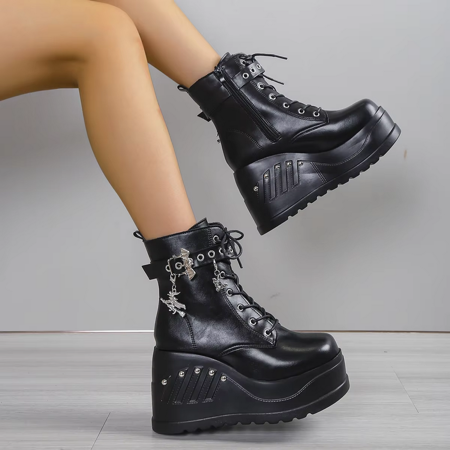 Black Gothic Punk Lace up Wedge Boots
