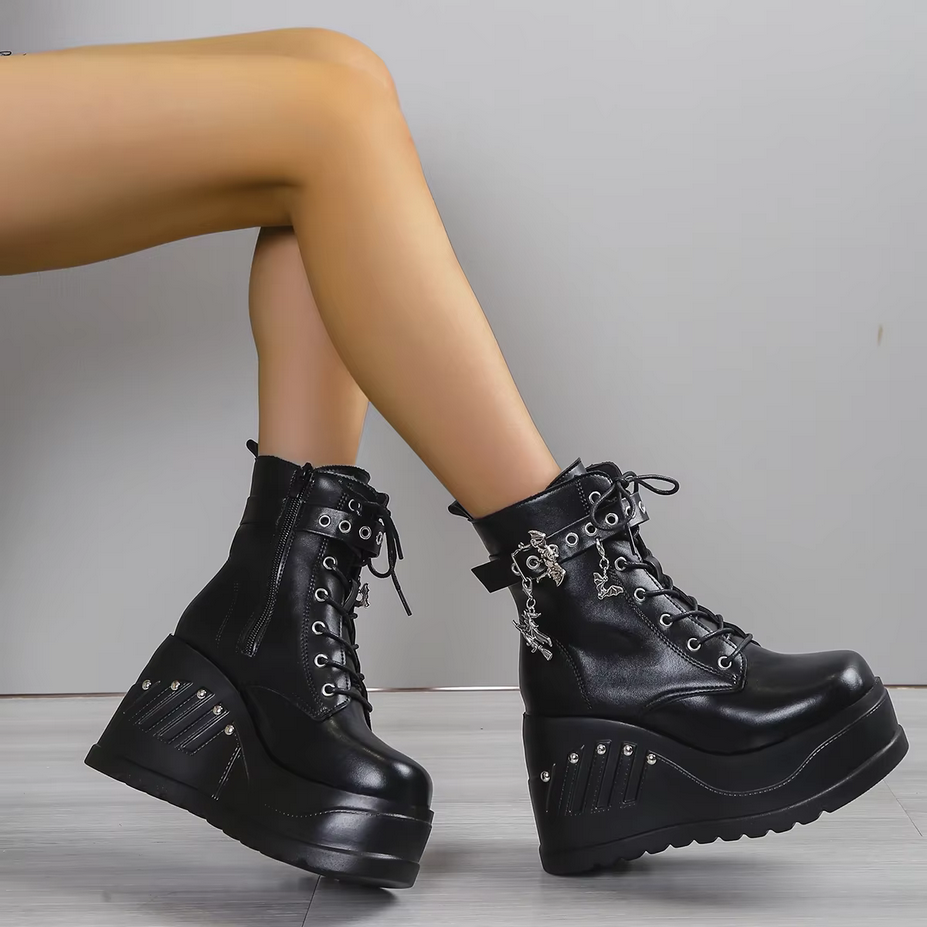 Black Gothic Punk Lace up Wedge Boots
