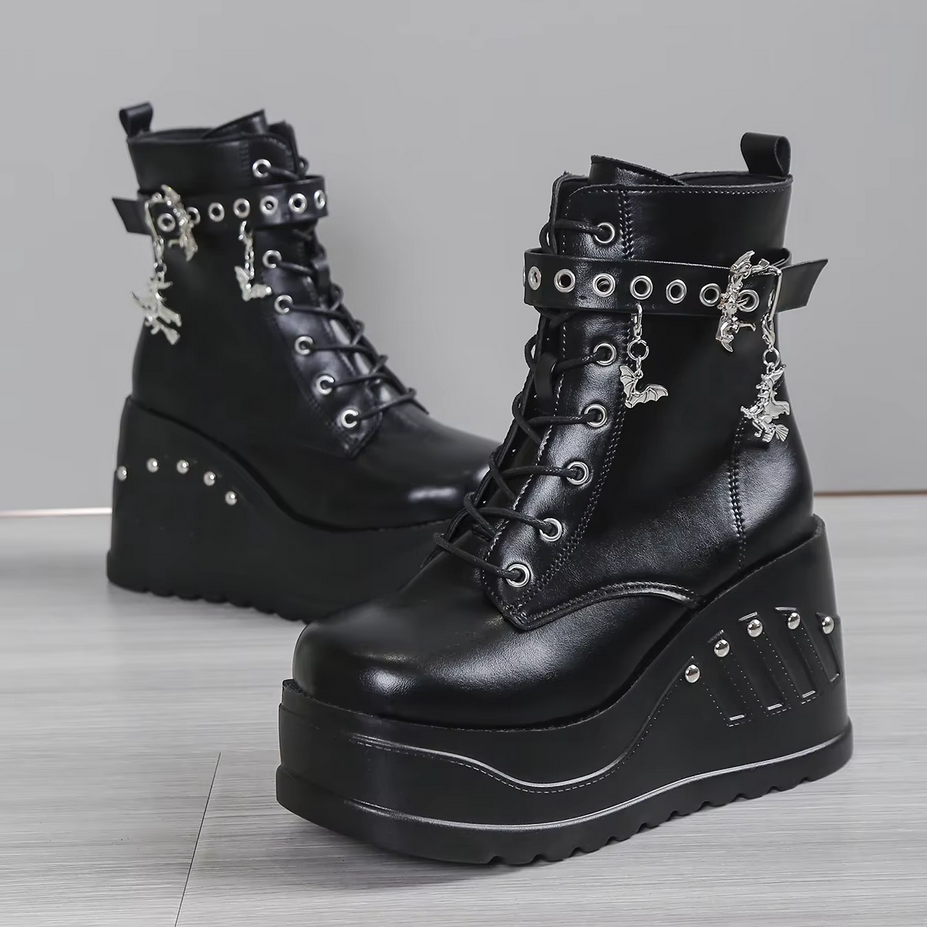 Black Gothic Punk Lace up Wedge Boots