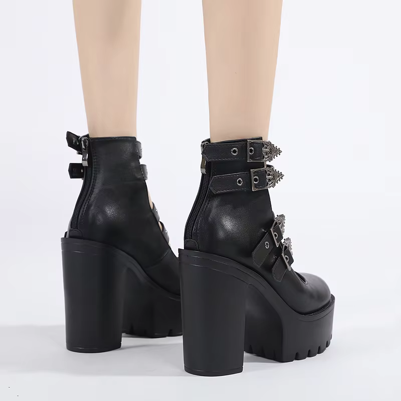 Black Buckle Strap Goth Style Women Block Heels Shoes