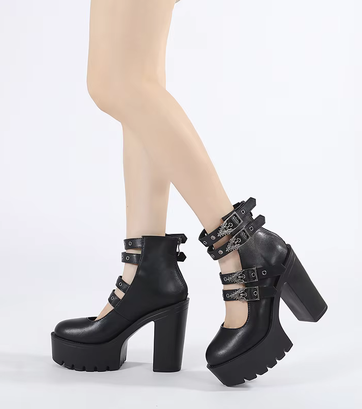 Black Buckle Strap Goth Style Women Block Heels Shoes