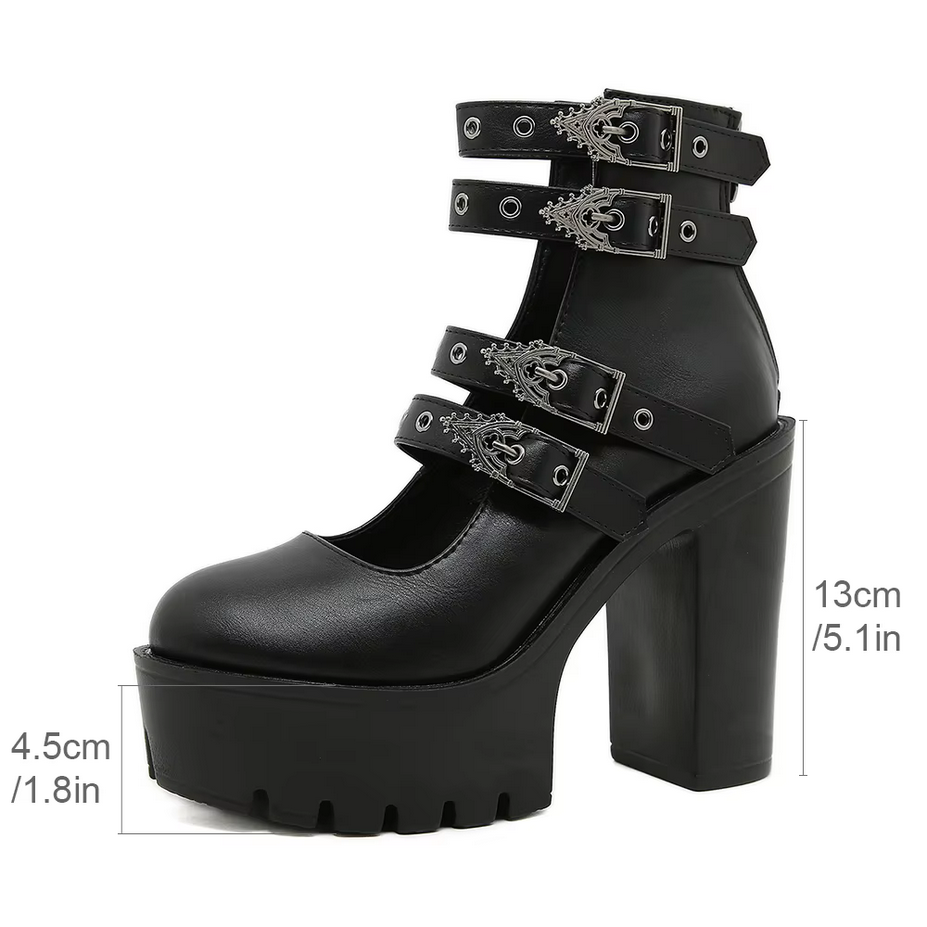 Black Buckle Strap Goth Style Women Block Heels Shoes