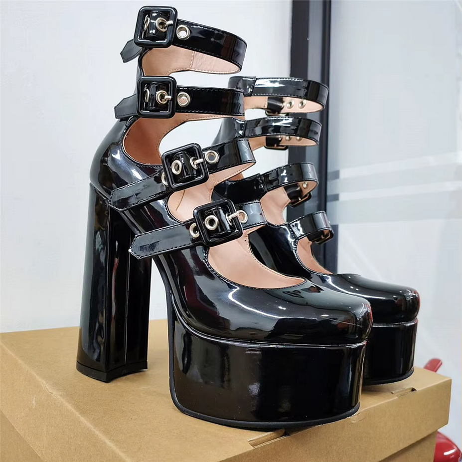 Buckle Patent Leather Chunky Heels Platform Shoes