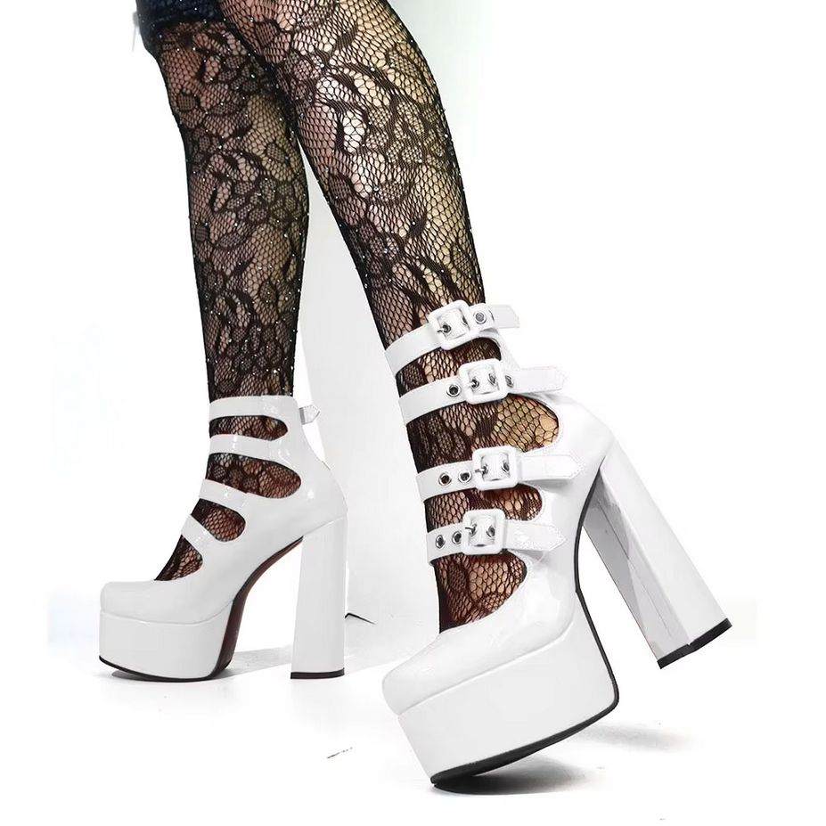 Buckle Patent Leather Chunky Heels Platform Shoes