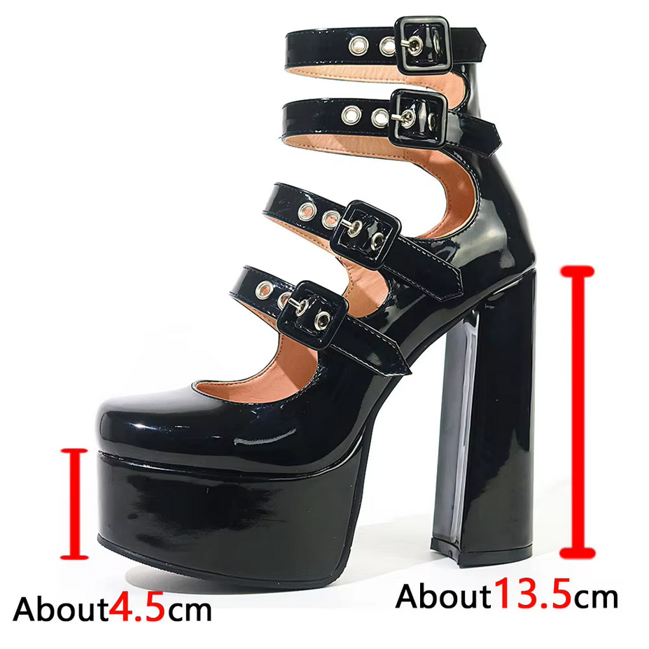 Buckle Patent Leather Chunky Heels Platform Shoes