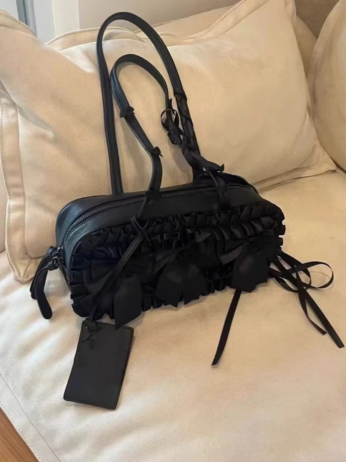 Gothic Kawaii Ruffled Bow Black Handbag