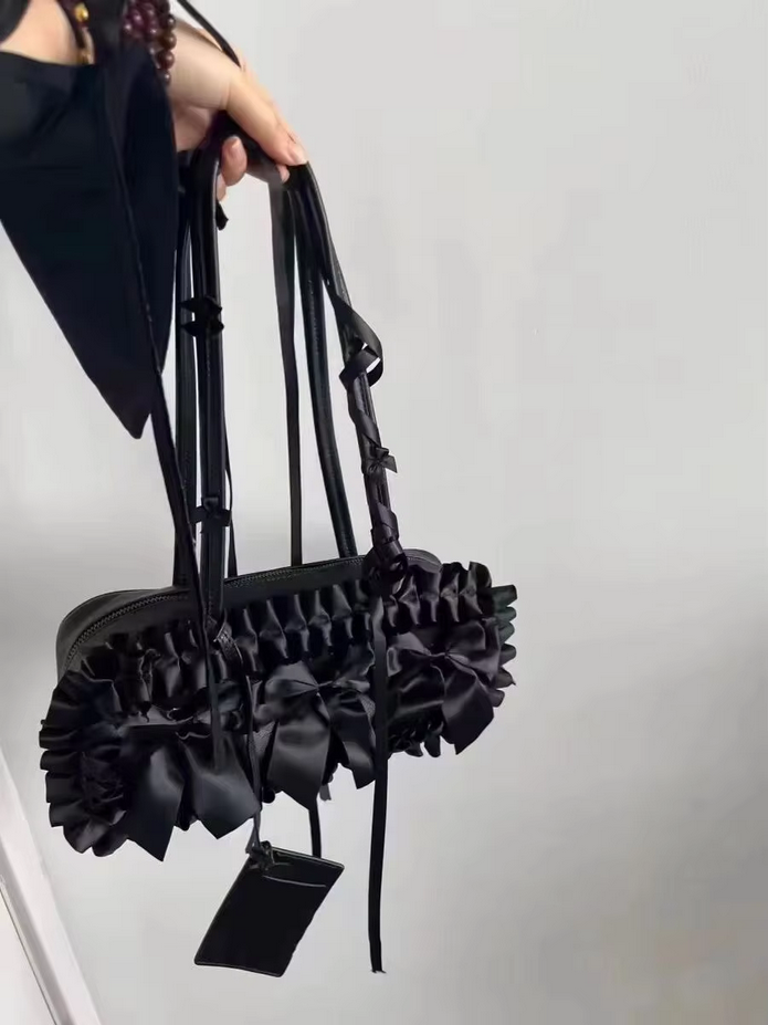 Gothic Kawaii Ruffled Bow Black Handbag