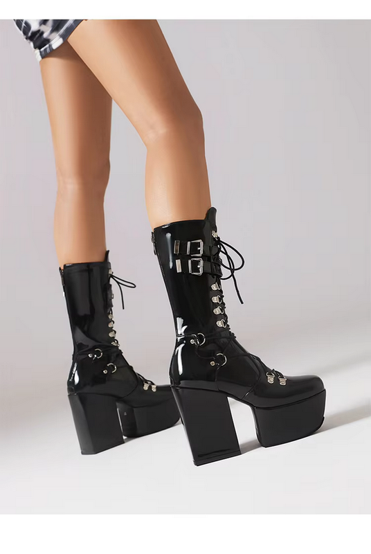 Platform Metal Punk  Lace up Black Women&#39;s Boots