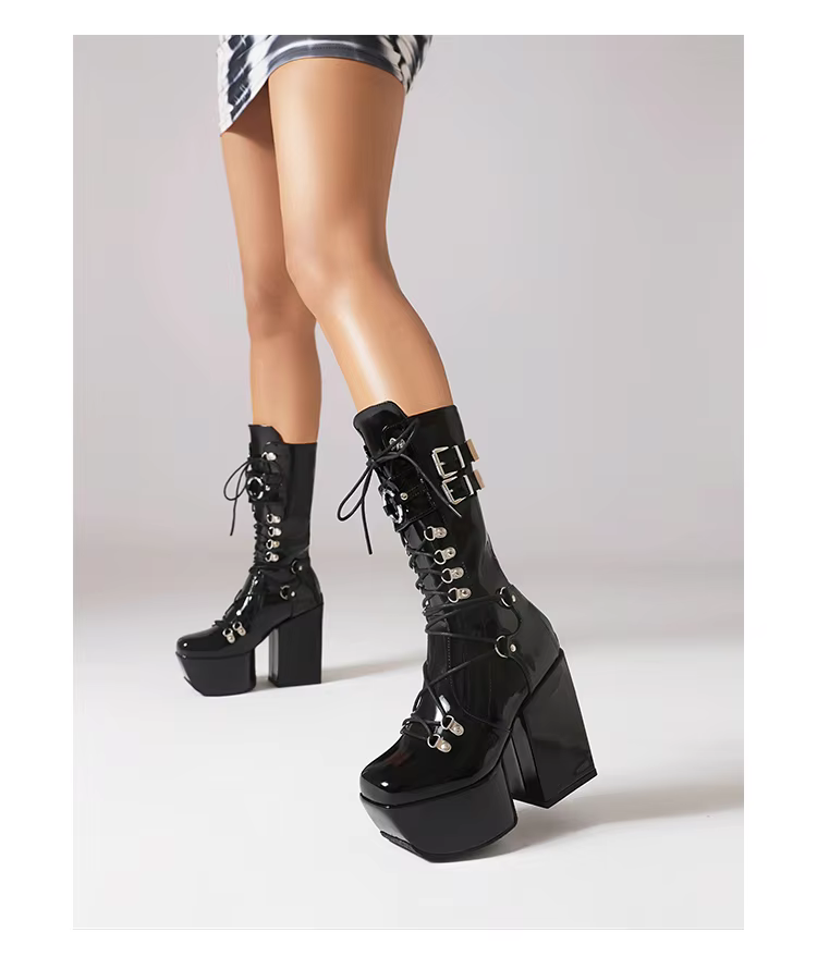 Platform Metal Punk  Lace up Black Women&#39;s Boots