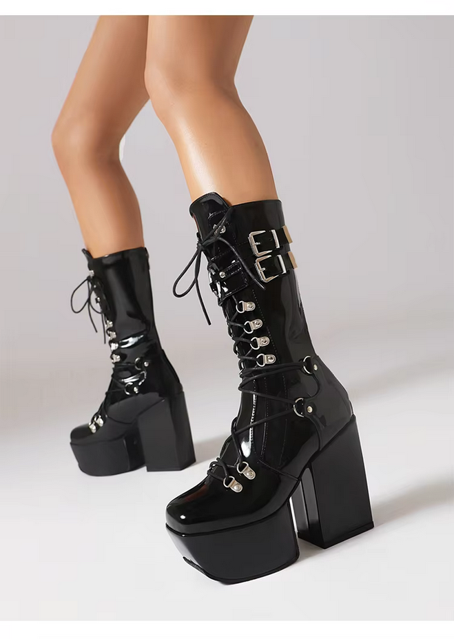 Platform Metal Punk  Lace up Black Women&#39;s Boots