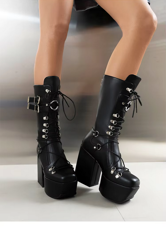 Platform Metal Punk  Lace up Black Women&#39;s Boots