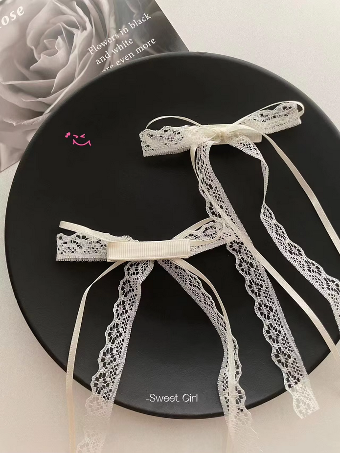 Kawaii  Lace Cream White Bow Ribbon Hair Clip