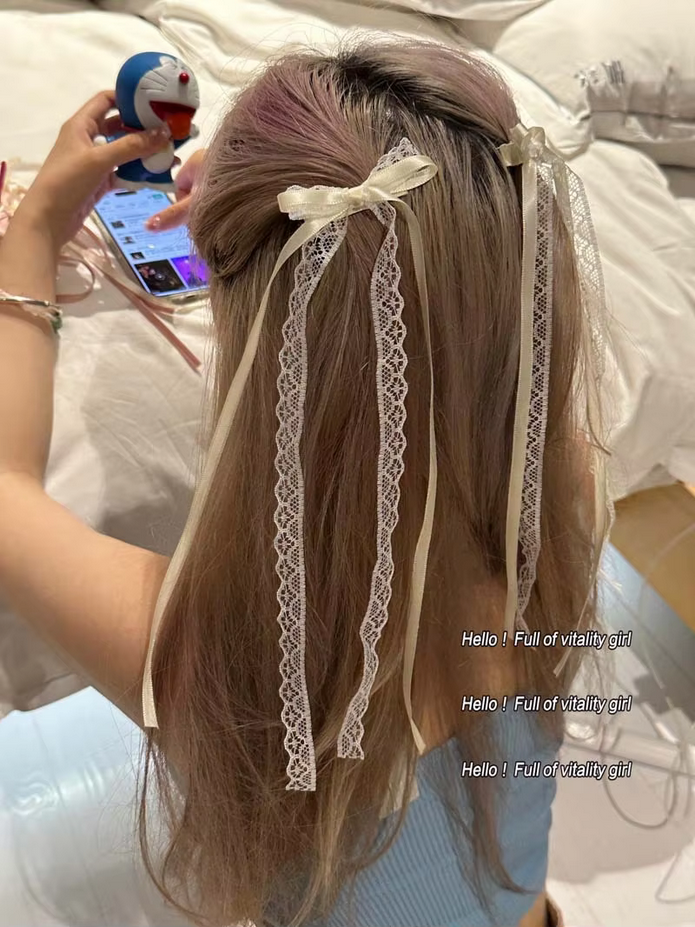 Kawaii  Lace Cream White Bow Ribbon Hair Clip