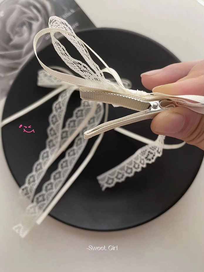 Kawaii  Lace Cream White Bow Ribbon Hair Clip