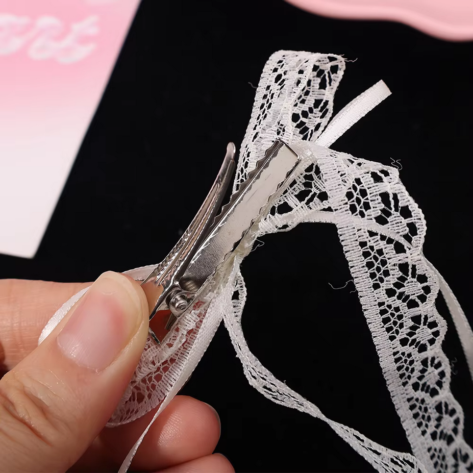 Kawaii  Lace Cream White Bow Ribbon Hair Clip