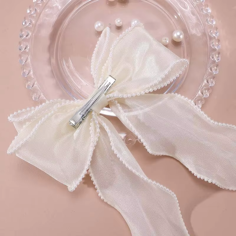 Elegant  White Chiffon Hair Bow with Pearls