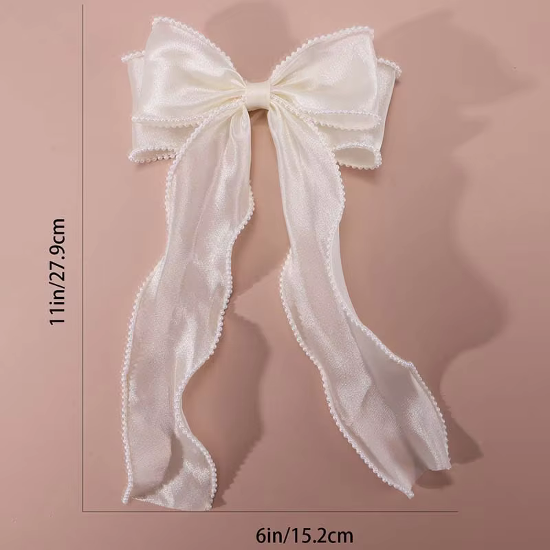 Elegant  White Chiffon Hair Bow with Pearls