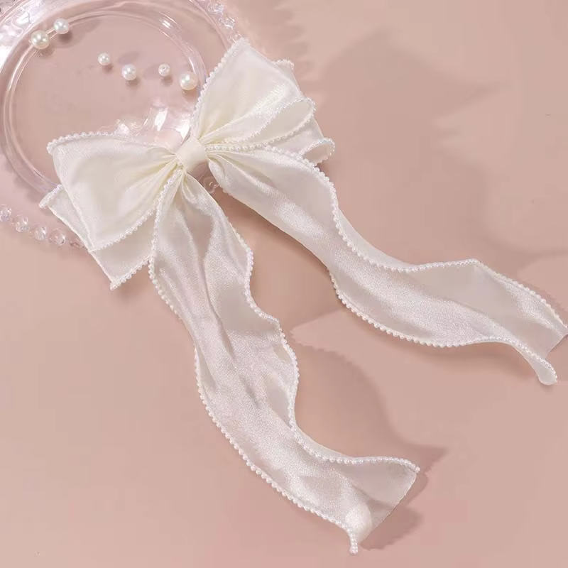 Elegant  White Chiffon Hair Bow with Pearls