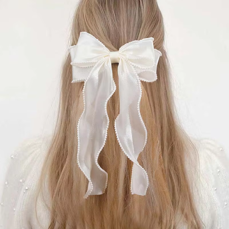 Elegant  White Chiffon Hair Bow with Pearls