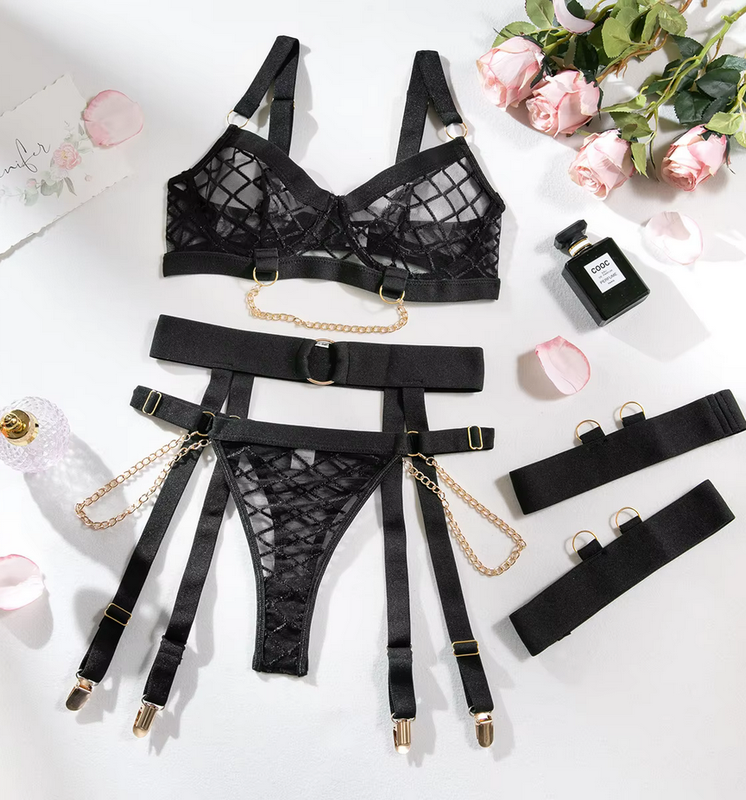 4 Pieces Black Bodycon Mesh Chain Lingerie Set