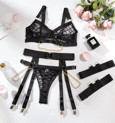 4 Pieces Black Bodycon Mesh Chain Lingerie Set