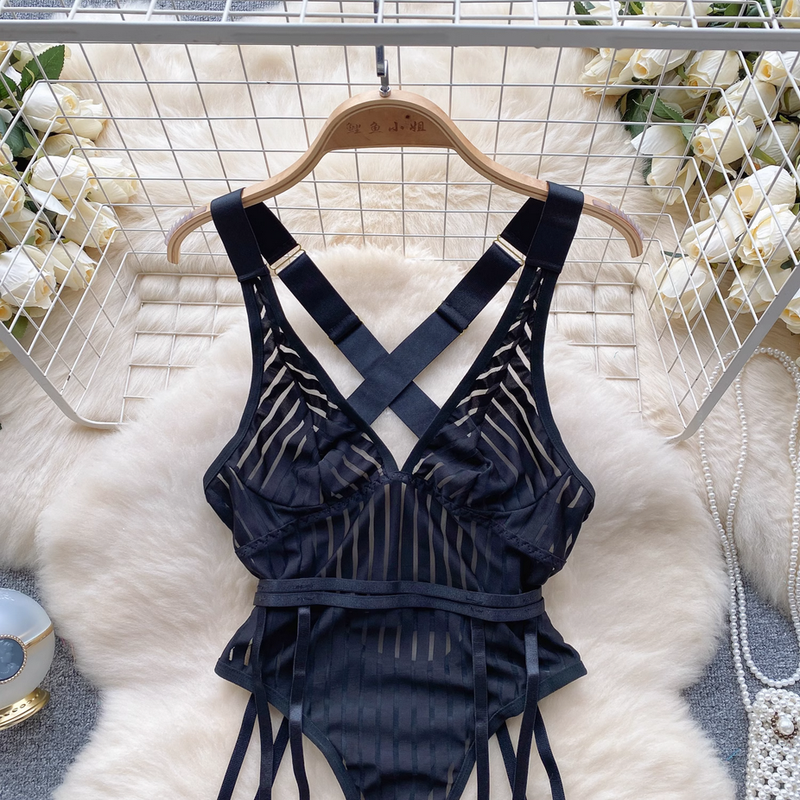 Transparent Striped Strappy Black Bodysuit Lingerie