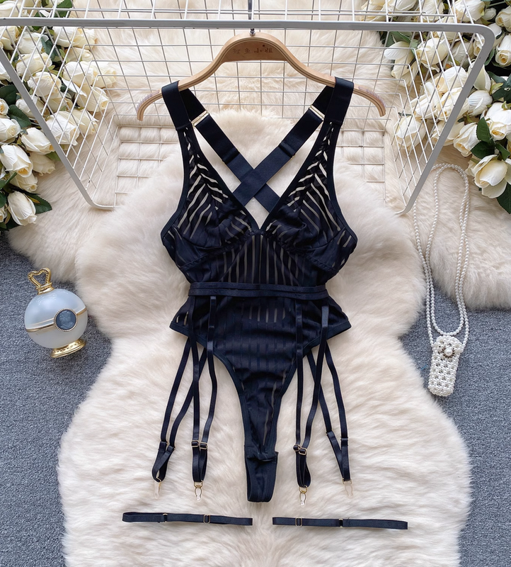 Transparent Striped Strappy Black Bodysuit Lingerie