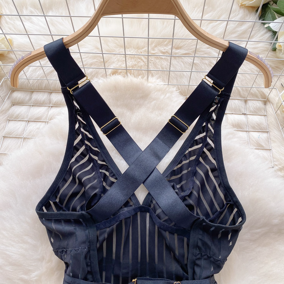 Transparent Striped Strappy Black Bodysuit Lingerie