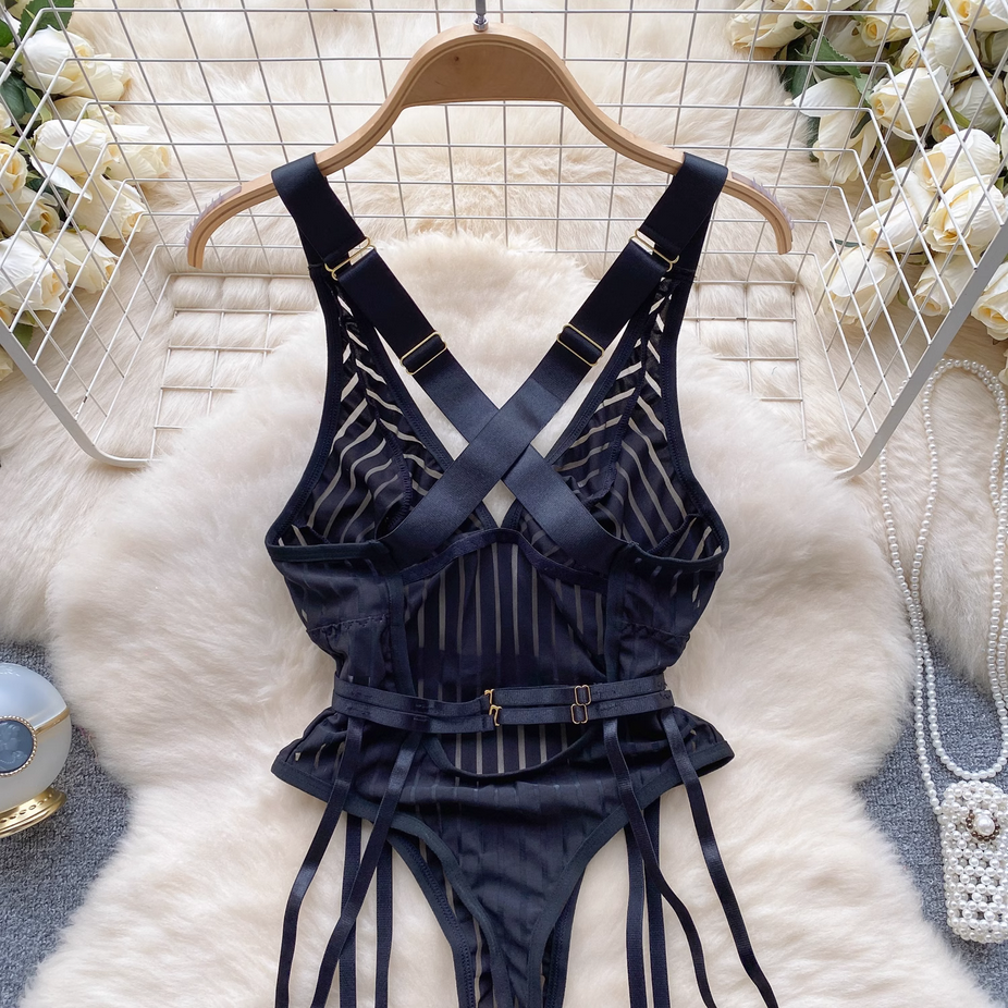 Transparent Striped Strappy Black Bodysuit Lingerie